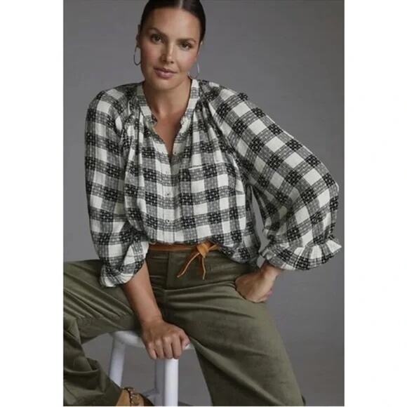 Anthropologie Pilcro Black White Breezy Button Down Blouse Heritage Plaid Small - Picture 1 of 13